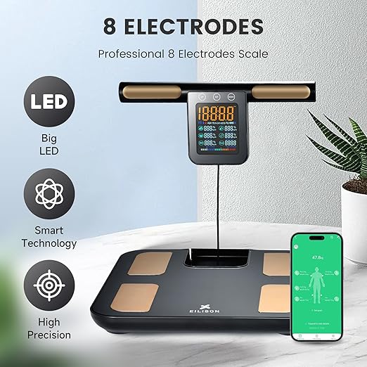 EILISON 8-Electrode Body Fat Scale with BIA Technology, Digital Bathroom Scale Full Body Composition Analyzer with 32 Metrics, Smart BMI Weight Scale with Bluetooth App, Touchscreen, 396lbs (Black)