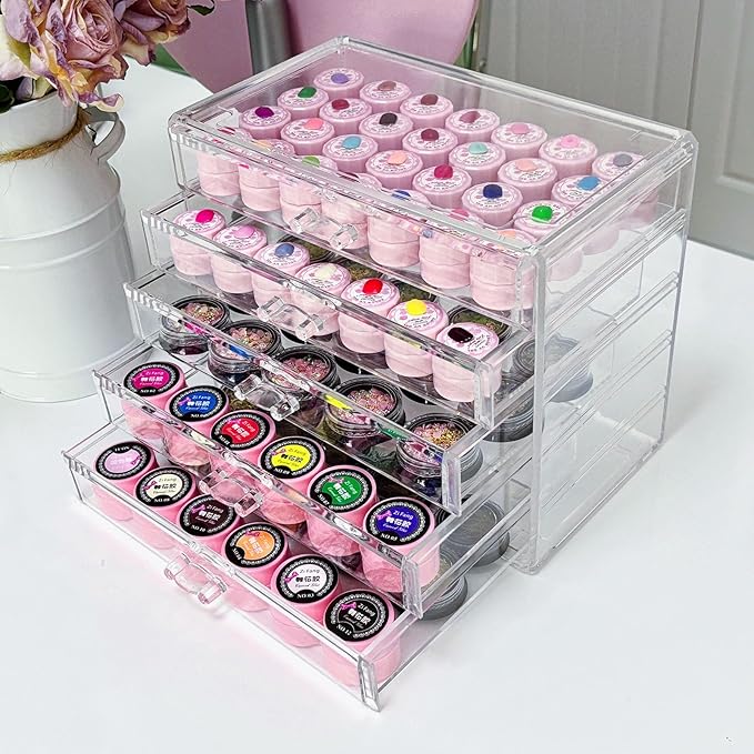 5 Tier Nail Art Decoration Storage Box，Acrylic Make Up&Jewelry Organizer with Drawers, Cosmetic Storage for Dresser Countertop and Bathroom，Transparent Acrylic Nail Art Jewelry Accessories