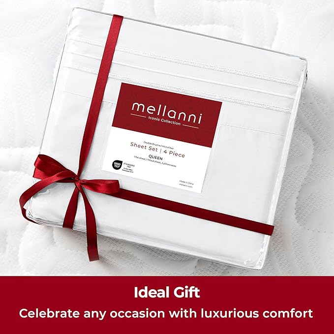 Mellanni Extra Deep Queen Sheets - 4 PC Iconic Collection Bedding - Hotel Luxury, Ultra Soft, Cooling Bed Sheets - Wrinkle, Fade, Stain Resistant (Queen, White)