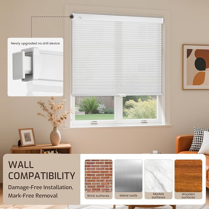 Grandekor No Drill No Tools Cordless Cellular Shades, 32.5" W x 64" H, Light