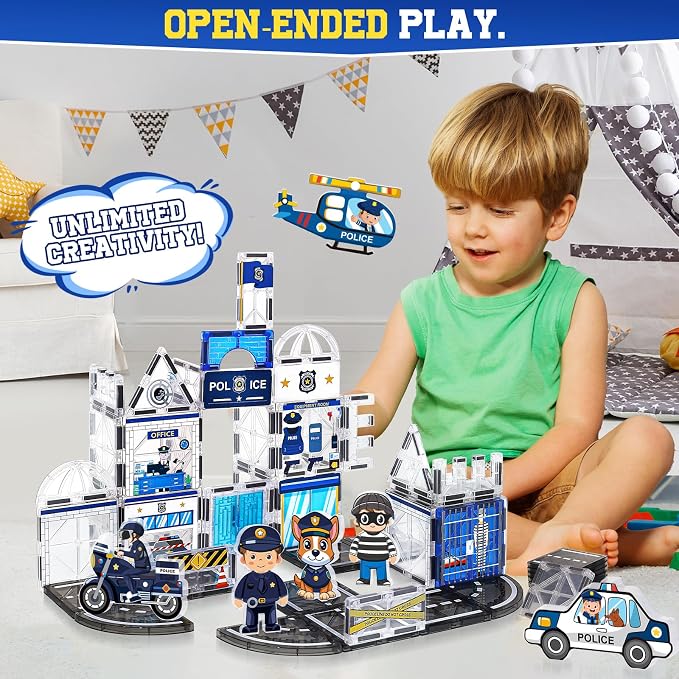60PCS Police Station Magnetic Tiles Set with 6 Magnetic Dolls,Magnet Tiles Building Blocks for kids,Toy for Boys 3-5 4-8-12 Gifts,STEM City Police Toys Include Policeman,Puppy,Criminal,Vehicles,Prison
