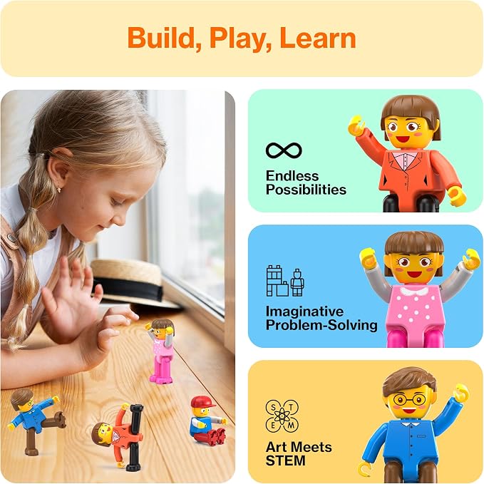 PicassoTiles 4pcs Magnetic Family Action Figures Toddler Magnet Toy Expansion Pack Educational Add-on STEM Learning Kit Toys Pretend Playset for Construction Building Block Tile for Kids Age 3+ PTA01