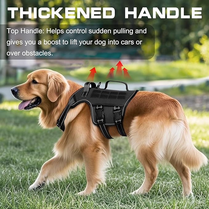 Tactical Dog Harness Medium Sized, Heavy Duty No Pull Dog Harness with Handle, Easy On and Off Service Dog Vest with Molle System, Reflective Pet Vest for Walking Hiking Training