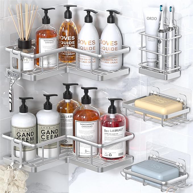 YASONIC Corner Shower Caddy Organizer, 5-Pack Self-Adhesive Rustproof Bath Shelves with Soap Holder & 4 Hooks, Large Capacity Shower Storage Rack for Bathroom Organization, Silver
