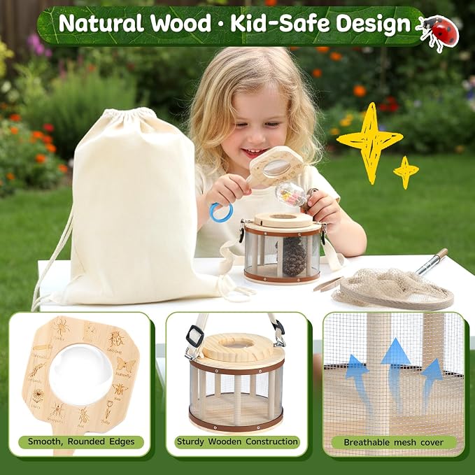 GAGAKU Wooden Bug Catcher Kit for Kids 4-8, Outdoor Explorer Set with Expandable Butterfly Net, Magnifying Glass, Tweezers, Educational Catching Toy for Backyard Camping, Gift for Boys Girls