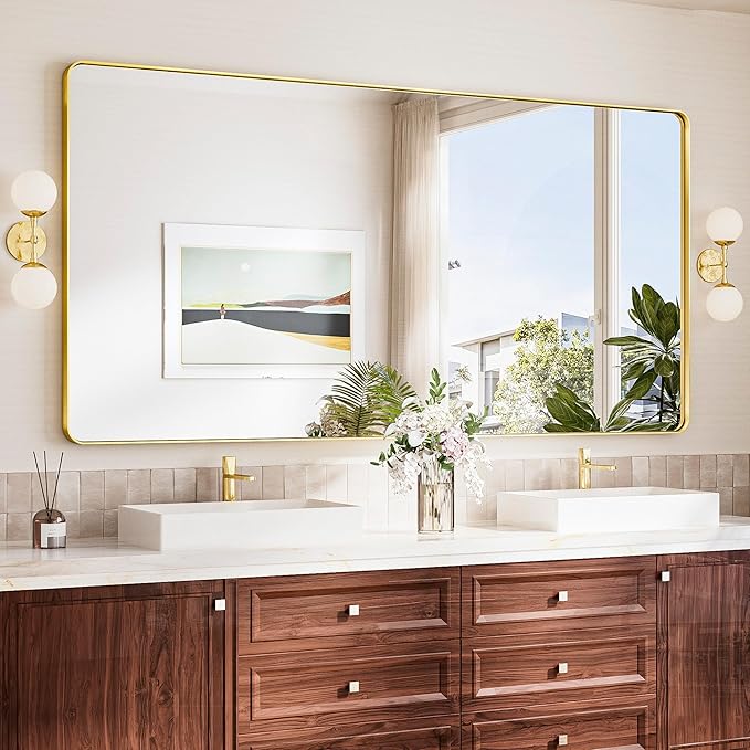 TokeShimi 72x36 Brushed Gold Bathroom Mirror,Tempered Glass,Bathroom Wall Mirror with Seamless Aluminum Frame,Modern Bathroom Vanity Mirror Shatterproof(Horizontal/Vertical)