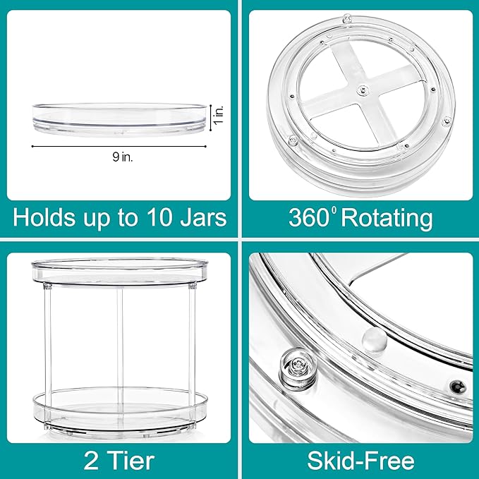 Sorbus 9 Inch 2 Tier Clear Lazy Susan Organizer, Turntable Organizer for Spice Organization for Cabinet, Lazy Susan Turntable for Kitchen, Home, Office, Closet, Laundry Room Organization (2 Pack)