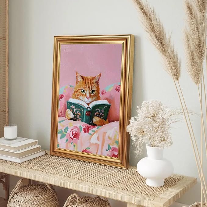 Fantasy Artists Gold Framed Wall Art Prints, Cute Orange Cat Reading a Green