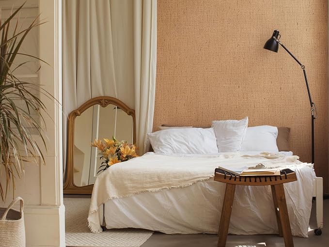 Brown Contact Paper Textured Beige Grasscloth Wallpaper Peel and Stick