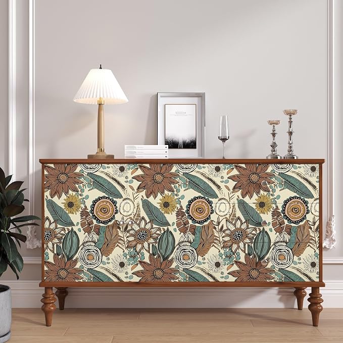Boho Wallpaper Peel and Stick, Retro Floral Contact Paper 17.5" x 393.7"