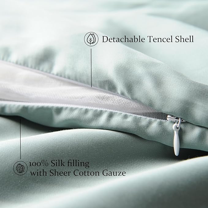 CUDDLE DREAMS Lightweight Silk Filled Comforter for Summer, Detachable Tencel Duvet Cover for Easy Care, Naturally Breathable (Celadon, King)