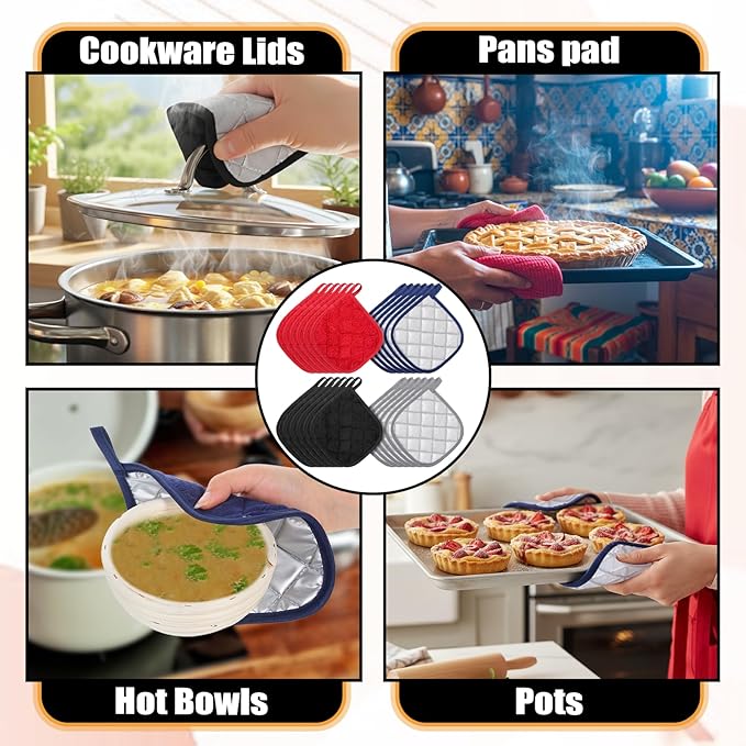 SHENLIU 24 Pcs Cotton Pot Holders for Kitchen, 7 x 7 Inches Heat Resistant Potholders Bulk Hot Pads 4 Colors Washable with Hanging Loops for Cooking Baking Black Gray Blue Red