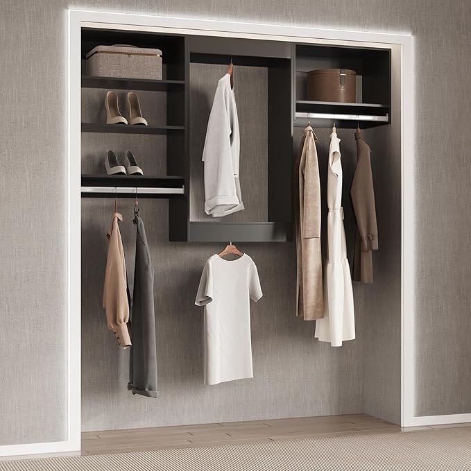 Tall Hanging Closet Unit, Modular Closet System, Wood Closet System Organizer with Storage for Walk in Closets, Clothing Rack Wardrobe Closet for Hanging Clothes, Bedroom, Black, 19.5" W
