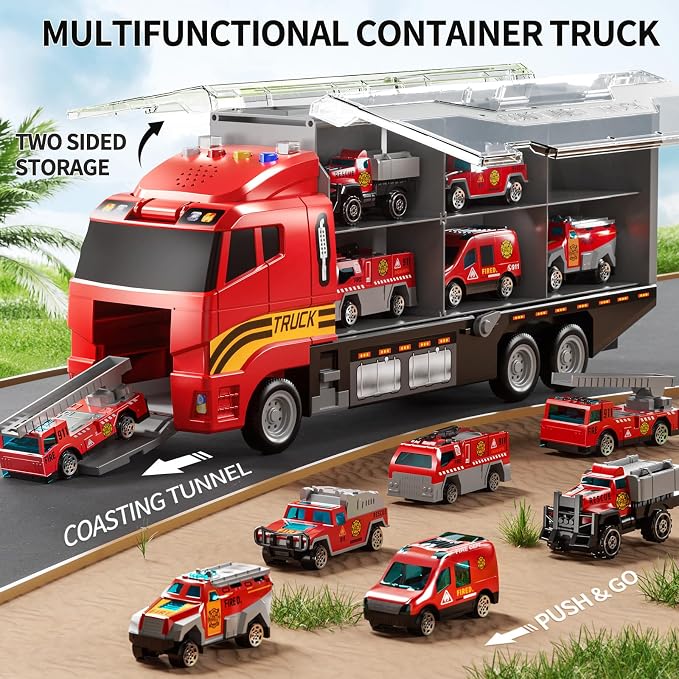 NIPLOOOW Toddler Boys Toys for 3-5 Years Old, Fire Truck Vehicle Set with Play Mat and Die-Cast Toy Car, Transport Carrier Truck for Kids 3-5, Birthday Gifts Toys for 3-8+ Year Old Boys