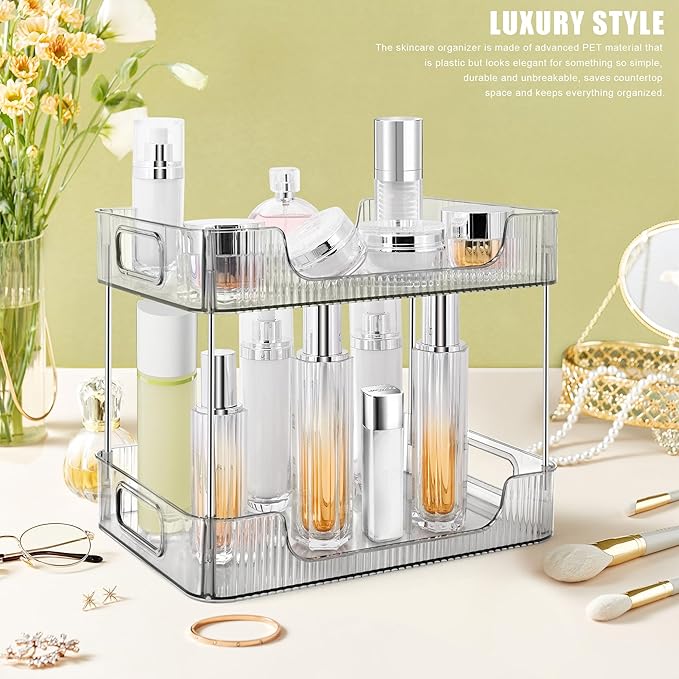 2-Tier Bathroom Counter Organizer Countertop Storage, Dresser Organizer Vanity Tray for Makeup, Perfume Organizer Cosmetics Skincare Shelf- Grey