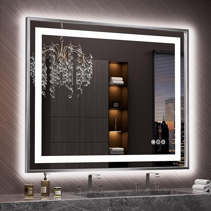 Amorho 44" X36" LED Bathroom Mirror, Brushed Nickel Framed Mirror with Front Light and Backlit, Stepless Dimmable, Anti-Fog, Shatter-Proof, Memory, 3 Colors