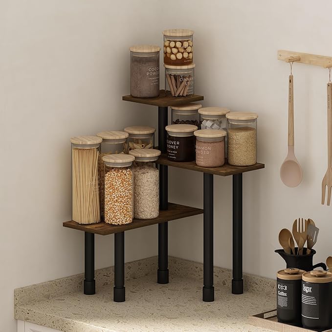 Furinno Turn-N-Tube Kitchen Countertop Organizer, 3-Tier Corner Countertop Organizer Shelf, Corner Shelf, for Kitchen, Pantry, Organizers and Storage, Amber Pine