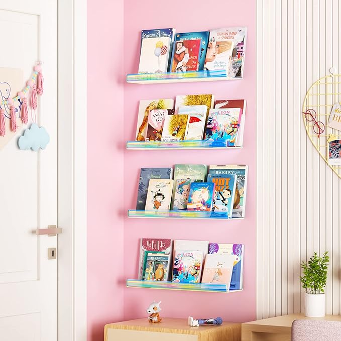 upsimples Acrylic Shelves for Wall Decor, 15" Display Shelf for Perfume, Skincare, Nail Polish, Wall Organizer for Bathroom, Bedroom, Living Room, Playroom, Kids Bookshelf, Iridescent, 2 Pack