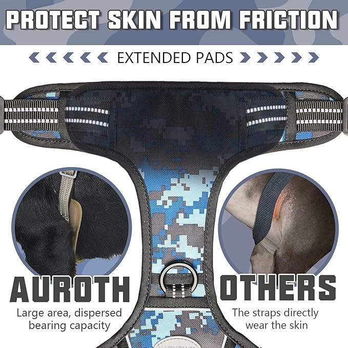 Auroth Tactical Dog Training Harness No Pulling Front Clip Leash Adhesion Reflective K9 Pet Working Vest Easy Control for Small Medium Large Dogs Blue Camo XL