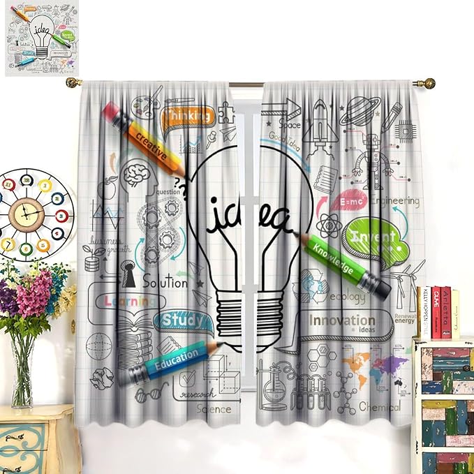 Science Symbols Kids Curtain Sketches Cartoon Chemistry Physics Geometry Education Pattern Print Window Drapes for Bedroom Living Room Kitchen Decor,2 Panel Set,42x45 Inch Decor