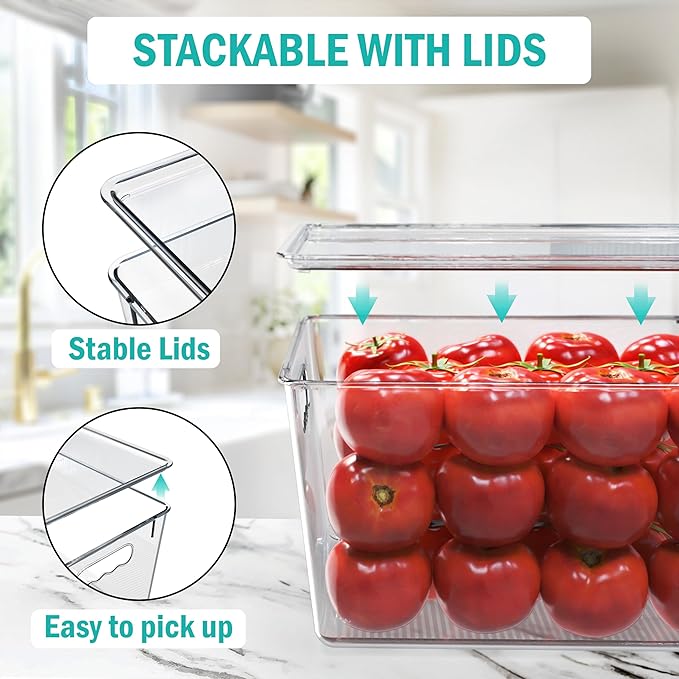 YAN & HIN 8 Pack Clear Storage Bins with Lids, Stackable Plastic Organizer Bins with Handles, Pantry Organizers and Storage for Kitchen Cabinet, Fridge, Bathroom, Closet and Shelf Organization