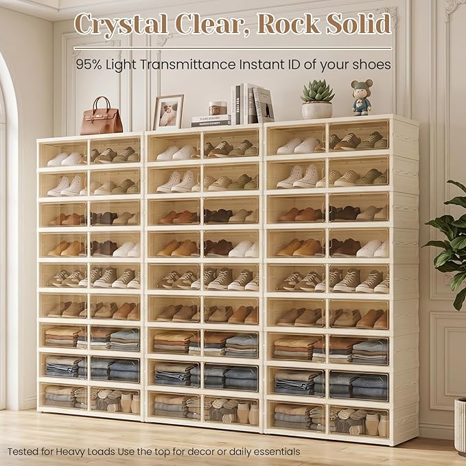 Foldable Shoe Rack with Doors, Stackable Plastic Shoe Organizer, Large Clear Shoe Storage Boxes for Closet and Entryway, Portable Collapsible Shoe Cabinet 9 Tiers, 27Pairs
