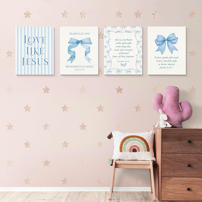 LARTSFRO Coquette Blue Bow Jesus Canvas Wall Art Decor Posters Prints, Light