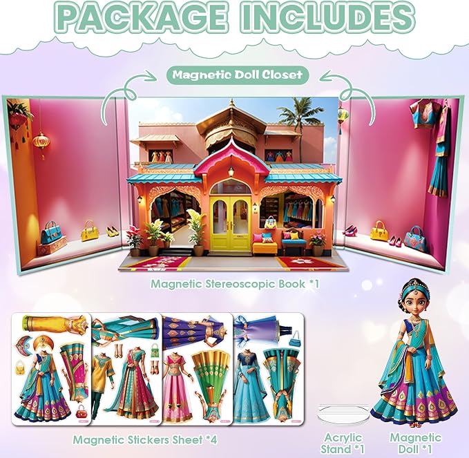 Magnetic Dress Up Dolls for Girls - Princess Magnet Paper Dolls Book with 3D City Buildings - Travel Car Trip Quiet Book Game Toys Easter Birthday Gifts for Kids Toddlers Ages 3 4 5 6 7(Style E)