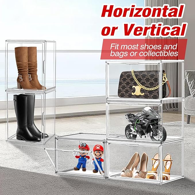 1 Pack Extra XXX-Large Acrylic Purse Display Case 17.7''x13''x13'' Clear Purse Handbag Organizer Stackable Storage Bins with Dustproof Magnetic Door Acrylic Box for Shoes, Helmet, Boots, Figures