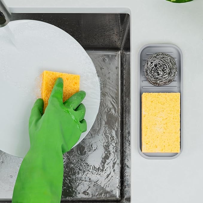 Zulay Kitchen (9x3.5in Sponge Holder for Kitchen Sink - Flexible Heavy-duty Multipurpose Sink Caddy - Counter Organizer for Kitchen, Bathroom, Makeup, Trinkets & More! (Grey)