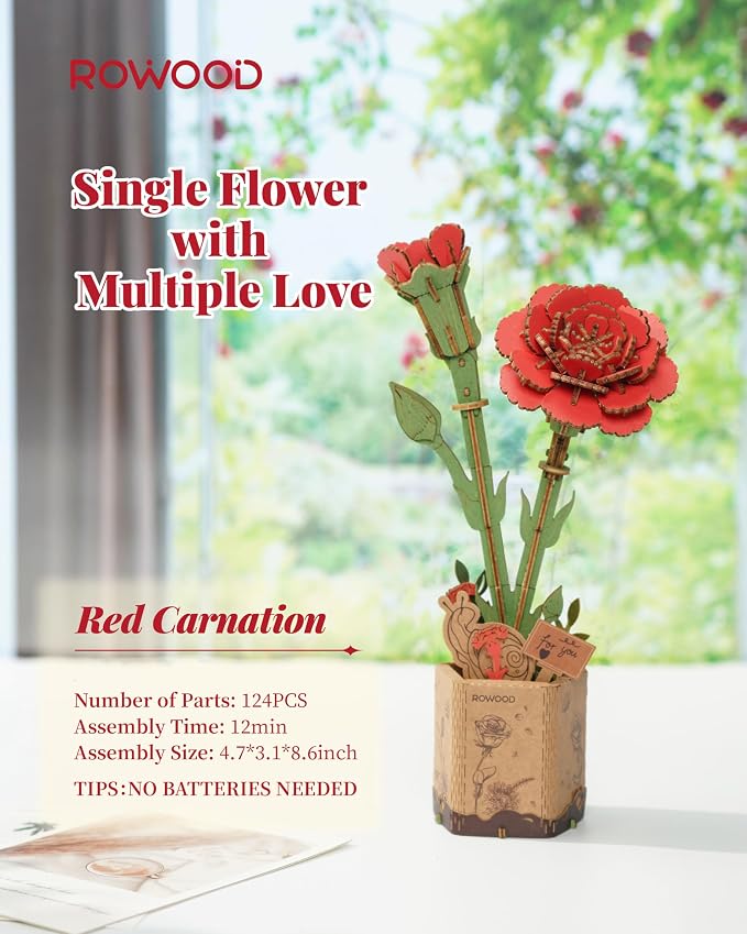 rowood 3D Puzzle Wooden Flower,DIY Artifical Flower Building Set Craft Kit for Women,Mother's Day/Valentine's Day/Teacher's Day/Thanksgiving/Christmas/Birthday Gift for Mom/Grandma-Red Carnation
