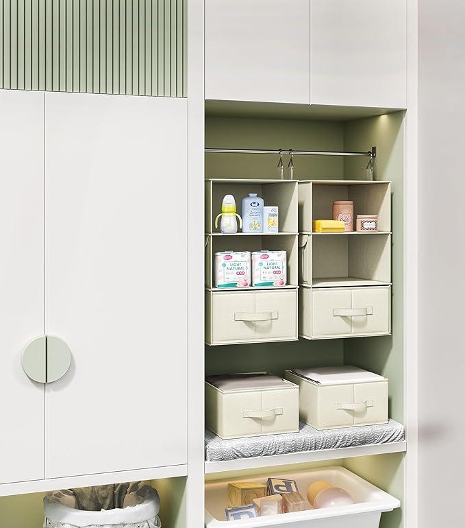 Vailando 3-Shelf Hanging Closet Organizer, Set of 2 Hanging Shelves with 2 Drawers for Wardrobe, Nursery, Baby Clothes Storage and Organization, Beige