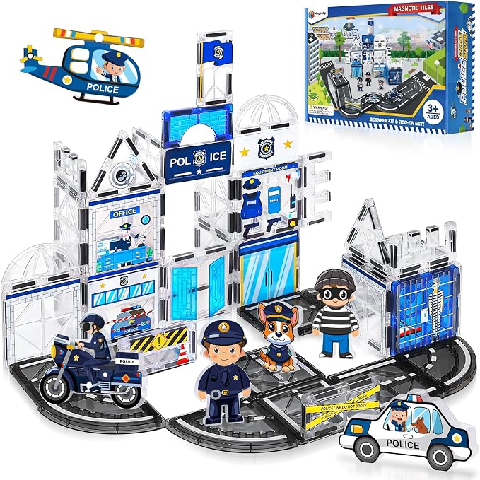 60PCS Police Station Magnetic Tiles Set with 6 Magnetic Dolls,Magnet Tiles Building Blocks for kids,Toy for Boys 3-5 4-8-12 Gifts,STEM City Police Toys Include Policeman,Puppy,Criminal,Vehicles,Prison