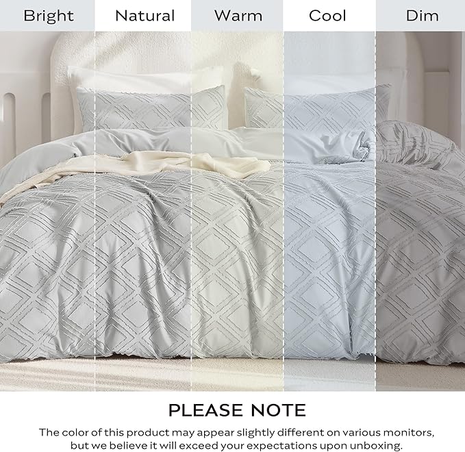 JELLYMONI Duvet Cover Full Size Light Grey - 3PCS Boho Duvet Cover Set Plaid Polyester Tufted Bohemian Jacquard Knit Textured Comforter Cover 80×90in Rhombic Geometric Pattern Corner Ties & Zipper