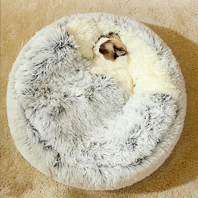 Plush Fluffy Dog and Cats Round Bed – Ultra-Soft Faux Fur Pet Shell Nest with Raised Bolster Edge, Self-Warming Calming Nest for Small to Large Pets (Gray, Medium（20“）)