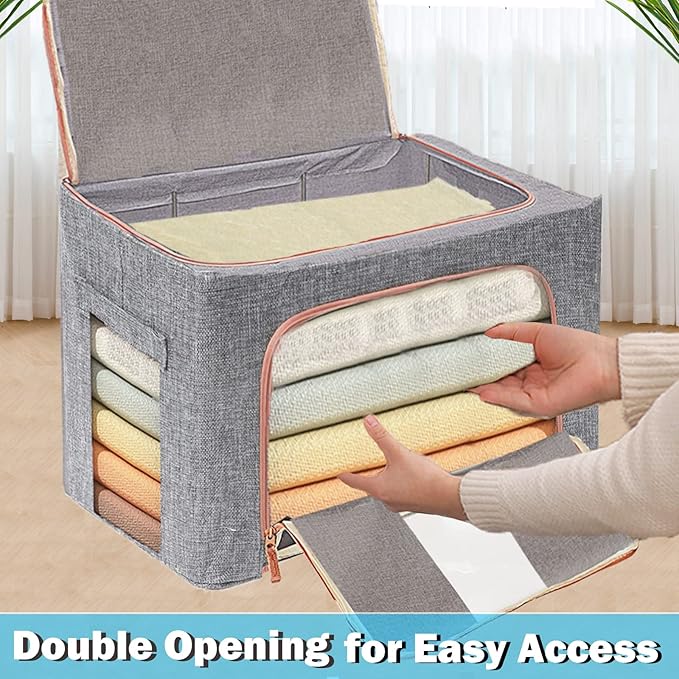 Extra Large Clothes Storage Bins with Metal Frame, Foldable Organizer for Home Organization, 2-Way Zipper, Clear Window Storage Bags for Clothes, Bedding, Seasonal Storage, 100L x 3Pack
