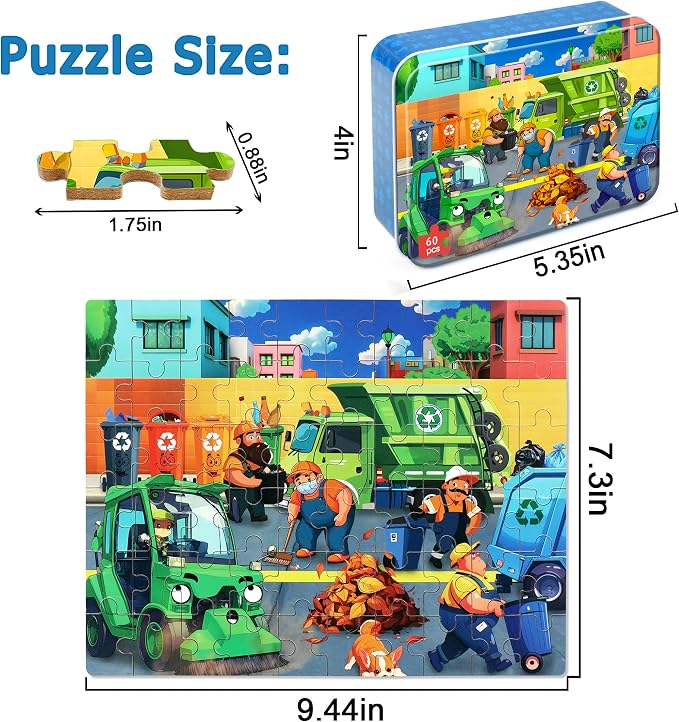 LELEMON Ocean Puzzles for Kids Ages 4-6,Recycling Garbage Truck 60 Piece Puzzles for Kids Ages 4-8,Children Jigsaw Puzzles in a Metal Box,Educational Learning Puzzle Toys for Girls and Boys