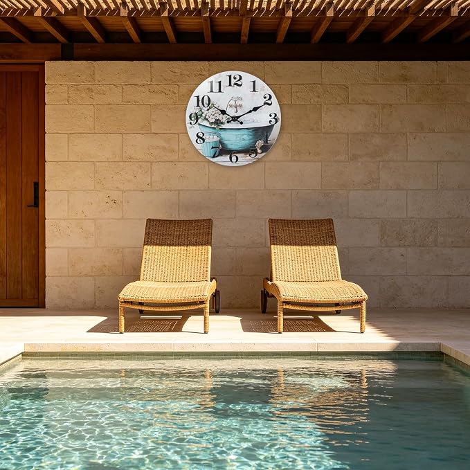Decorative Bathroom Wall Clock, Rustic Style Waterproof Glass Wall Clock
