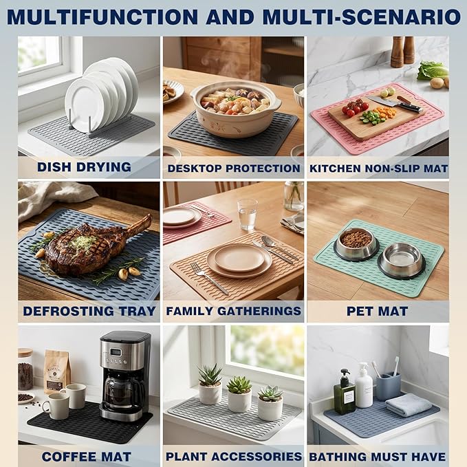 CAKETIME 2 Pack Silicone Dish Drying Mat for Kitchen Counter Waterproof Place mats Sink Protector Stove Top Organizer Appliance Storage Vanity Trays Dryer Rack Drainers Items 15"x11.5" Beige