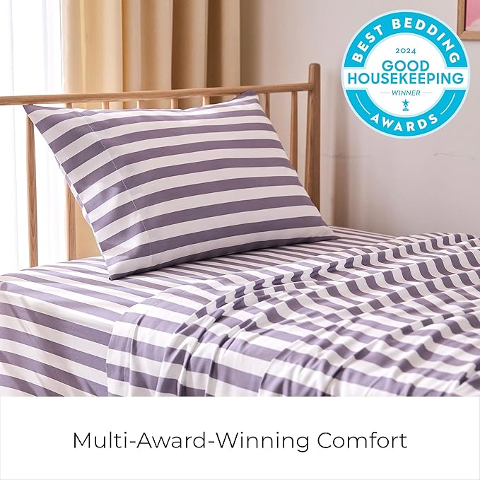 Mellanni Twin Sheets Set - 3 PC Iconic Collection Bedding - Hotel Luxury, Extra Soft, Cooling Bed Sheets - Wrinkle, Fade, Stain Resistant (Twin, Oxford Stripe Hazy Lilac)