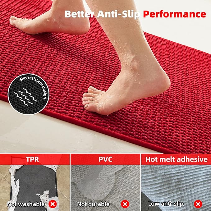 Christmas Bathroom Runner Rugs, Long Bath Mat Runner Washable Thin Quick Dry Low Pile Bathroom Runner Rugs Non Slip, Red 16"x60"