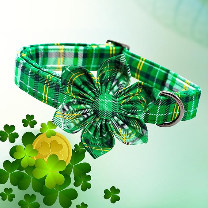 Lionheart glory St. Patrick's Day Dog Collar with Flower Dog Collar for Medium Dogs, Green Plaid Cute Collars Spring Dogs Collars Flower Puppy Heavy Duty Cute