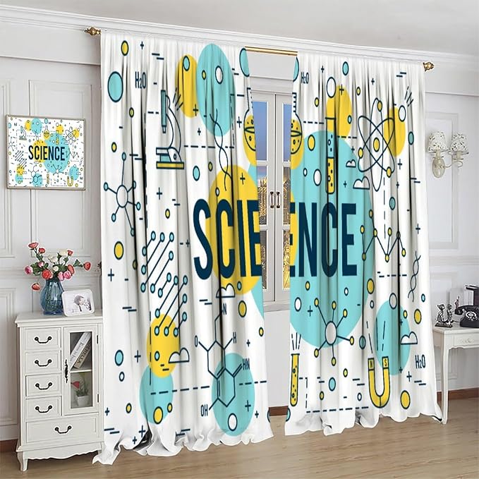Science Symbols Kids Curtain Sketches Cartoon Chemistry Physics Geometry Education Pattern Print Window Drapes for Bedroom Living Room Kitchen Decor,2 Panel Set,42x45 Inch Decor