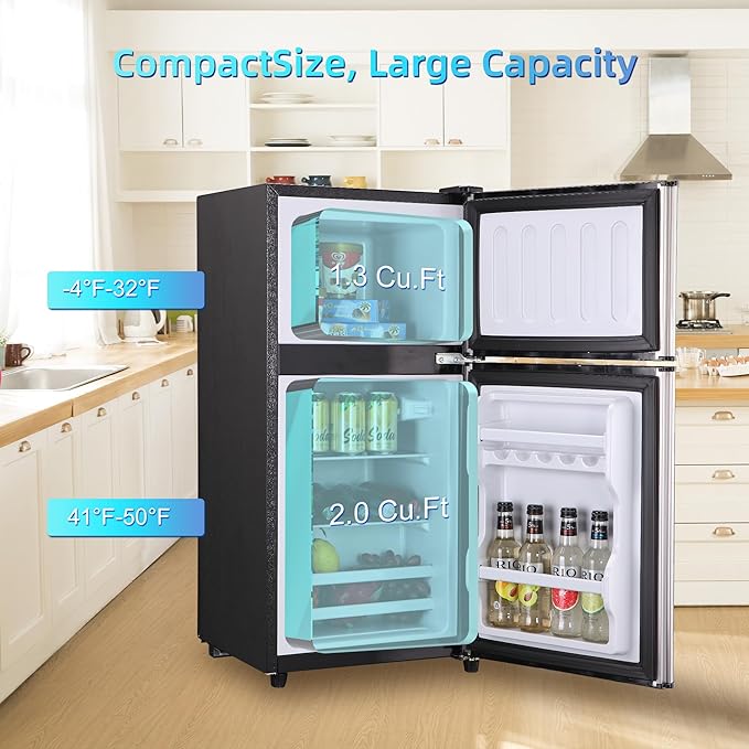 Mini Fridge with Freezer, 3.3 Cu. Ft. Double-Door Small Refrigerator with Adjustable 7-Level Thermostat & Separate Freezer, Dorm Fridge Compact for Kichen, RV, Office, Apartment, Silver