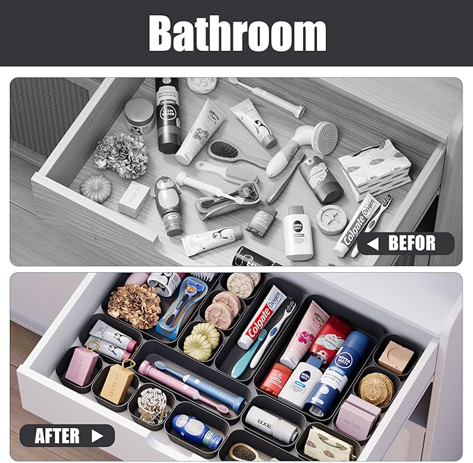 Plastic Drawer Organizers, 18 PCS Drawer Organizer Bins, Bathroom and Vanity Organizer Plastic Tray, Makeup organizer and storage for Makeup, Bedroom, Kitchen Gadgets Utensils and Office (Black)