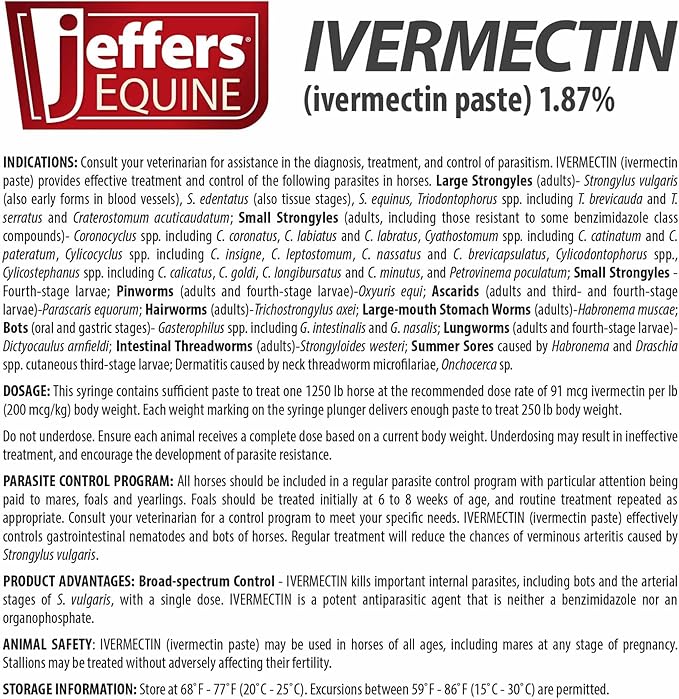 Jeffers Ivermectin Gel Dewormer for Horses - Apple Flavored, 1.87% Broad Spectrum Dewormer Paste with Syringe - Effective Parasite Control for Worms,Pinworms,Bots-Safe for Equine of All Ages-(3 Pack)