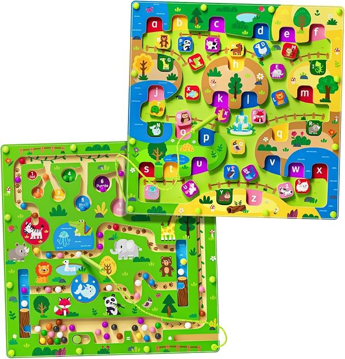 rifamee 2 in 1 Magnetic Color and Number Maze Magnet Alphabet Counting Double Sided Board Wood Puzzle Fine Motor Skills Montessori Preschool Toys Gifts for Boys and Girls 3-5 Age (Big Zoo, One Size)
