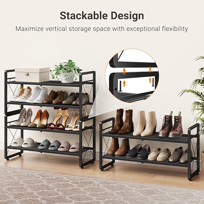 ELYKEN Shoe Rack, 2-Tier Expandable Shoe Organizer for Entryway, Metal Black Shoe Shelf with 4 Hooks, Ajustable Shoe Stand Holder for Closet, Garage, Door Entrance