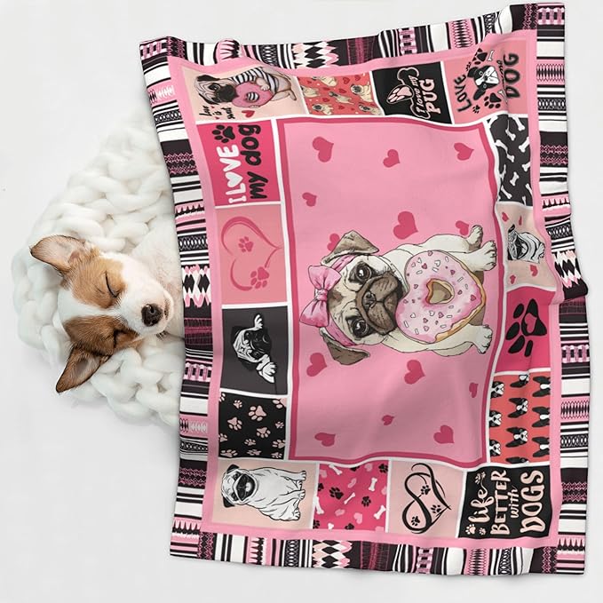 Pug Throw Blanket - Paw Print Blanket for Dog Cat Pink Pet Blankets 23x16 for Couch Sofa Bed