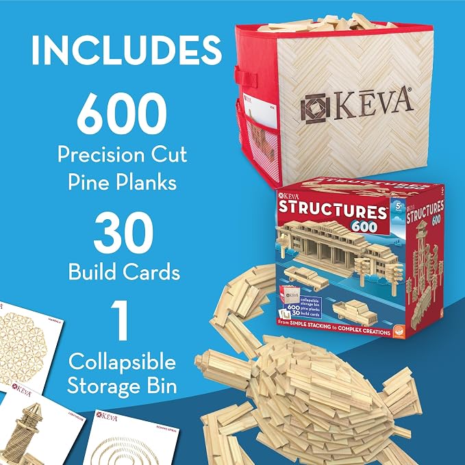 MindWare KEVA Structures 600 Plank Wooden Building Blocks Set, Includes 600 Pine KEVA Planks, 30 Idea Cards and Collapsible Storage Bin